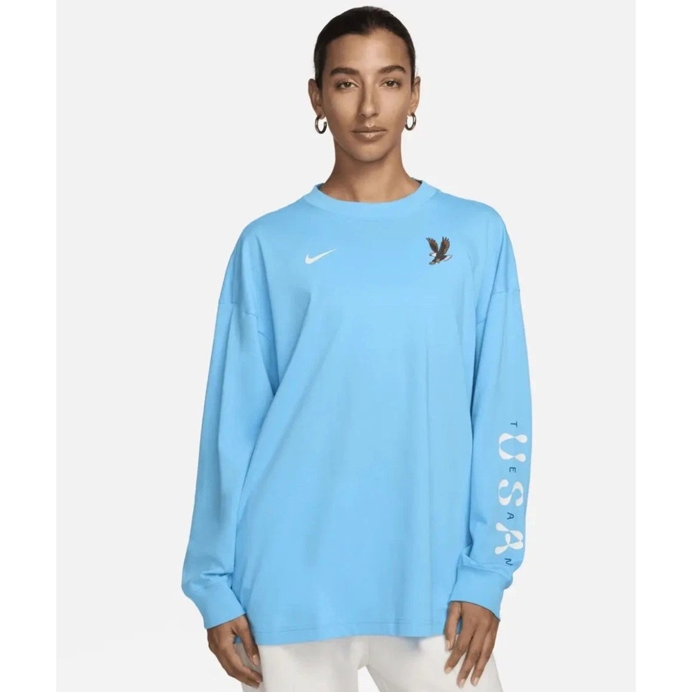 Sz Large WMNS NIKE USA Essentials Long Sleeve Top Baltic Blue FN0974 416 - New - Picture 1 of 6